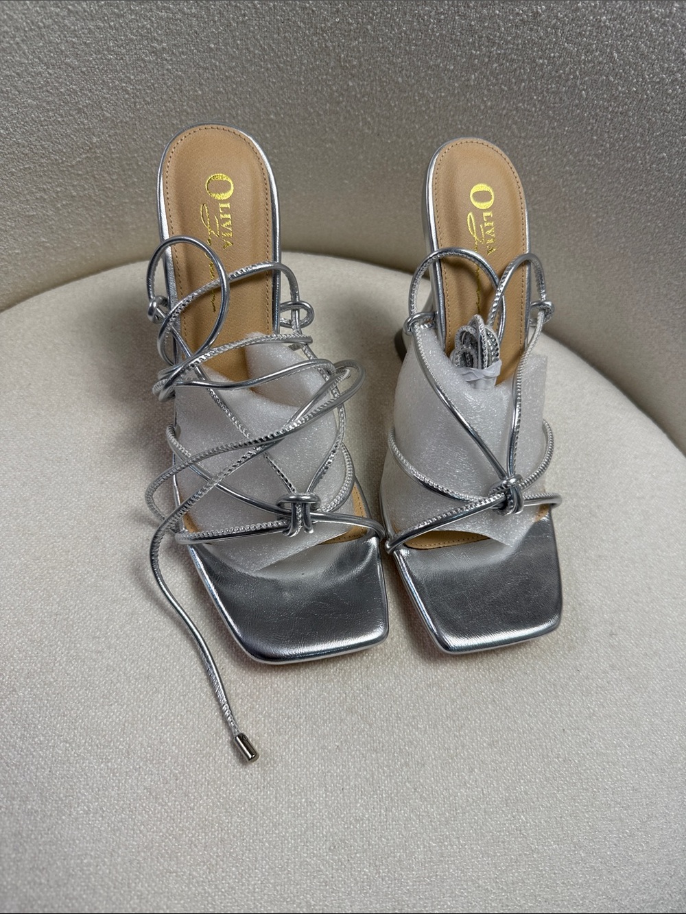 Olliva Silver Metallic Strappy Square-Toe Mules